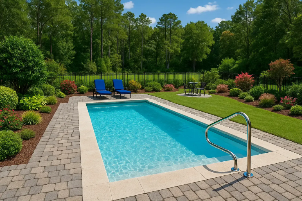 Backyard swimming pool with blue water, lounge chairs, and landscaped garden surrounded by trees
