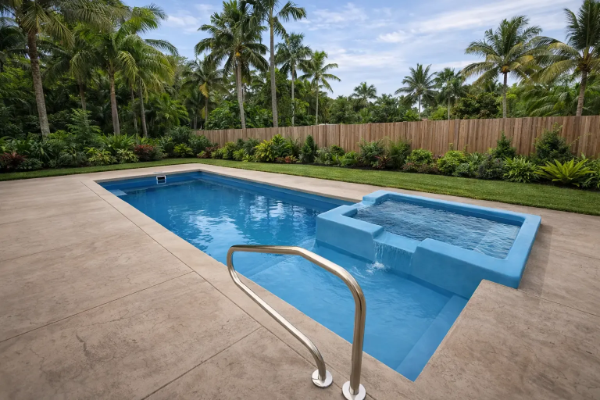 Backyard pool with blue water, spa, and palm trees behind a wooden fence