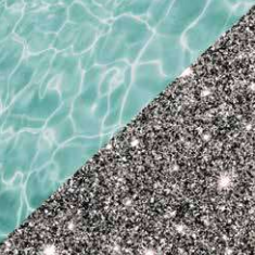Turquoise pool water beside a diagonal strip of speckled gray stone surface