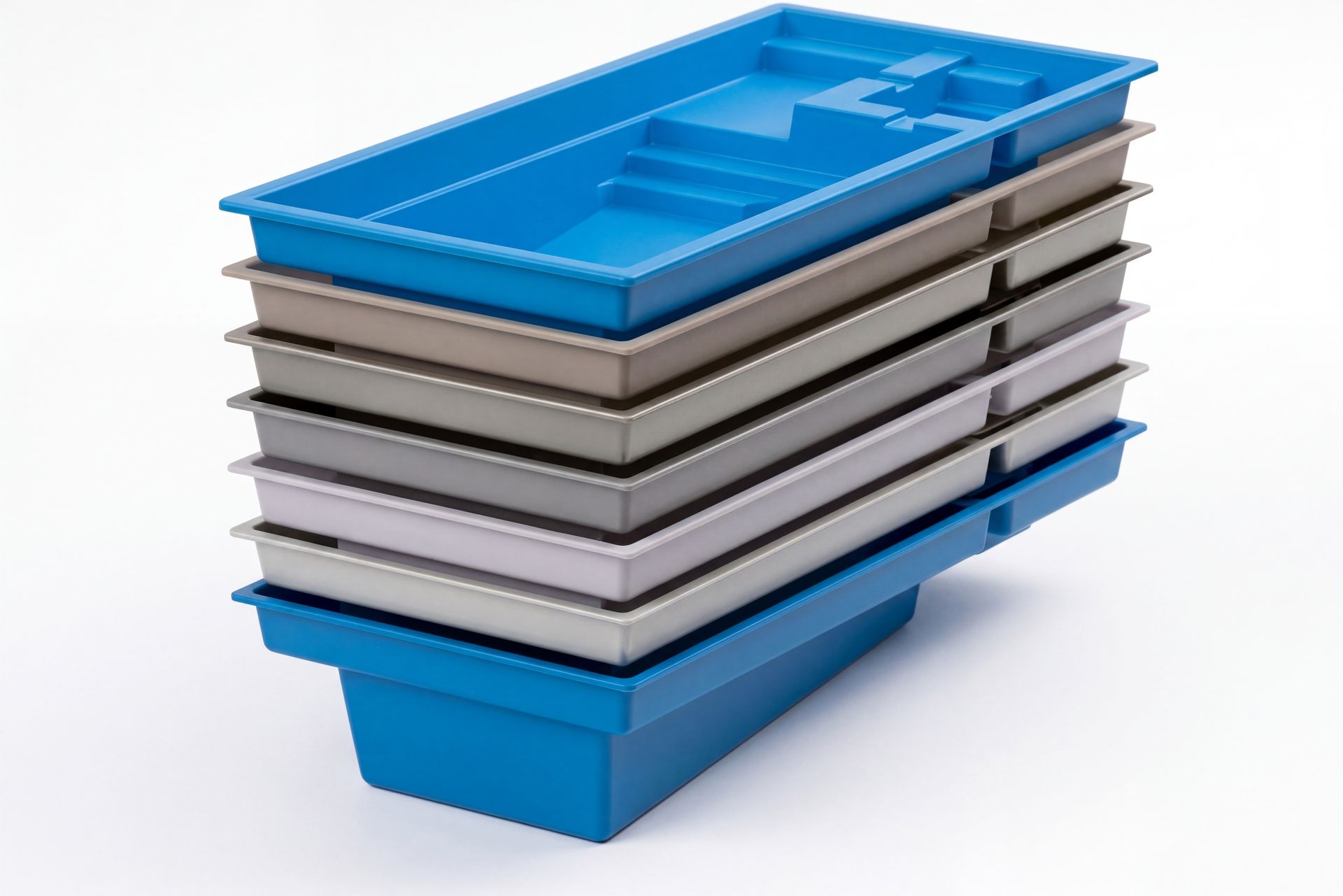 Blue and gray stacked modular container or tray on a white background