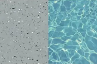 Split view of speckled gray concrete and shimmering blue pool water