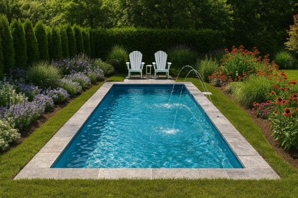 Backyard pool with turquoise water, stone border, white chairs, and lush garden landscaping