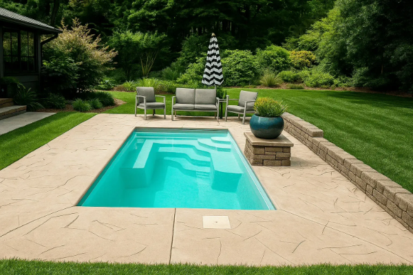 Backyard patio with a small turquoise pool, lounge chairs, and a striped umbrella amid lush greenery