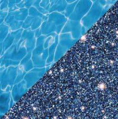 Blue pool water beside a sparkling dark blue glitter surface in a diagonal split design