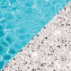 Blue swimming pool water beside a speckled white stone pool deck