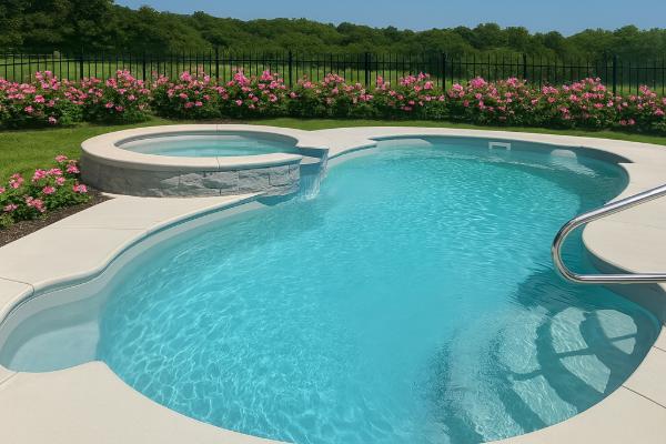 Curved backyard swimming pool with a spa, pale stone deck, and pink flowers along the fence