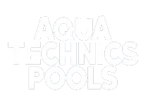 White embossed logo text reading “AQUA TECHNICS POOLS” on a light background
