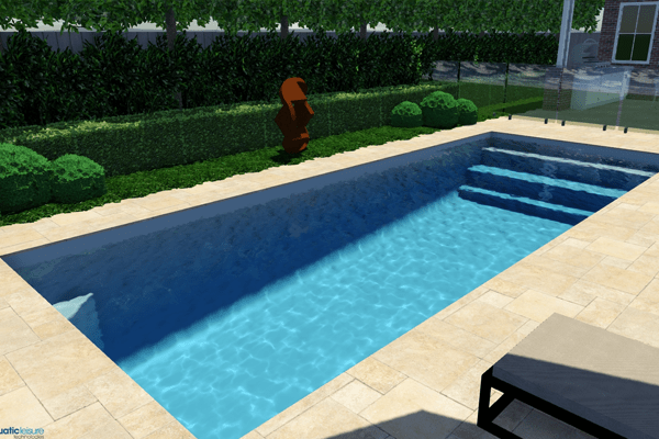 Outdoor swimming pool with blue water, stone deck, and trimmed hedges beside a patio chair