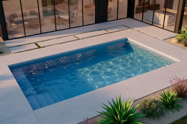 Modern backyard pool with blue water beside a glass-walled patio and plants
