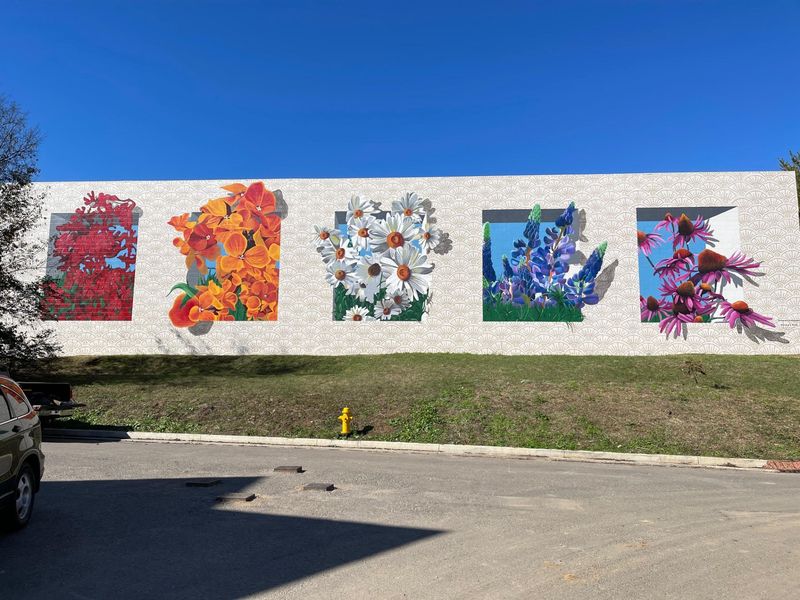 A car is parked in front of a wall with flowers painted on it.