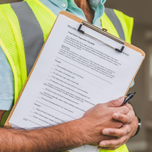 Worker in a neon safety vest holding a clipboard and pen during a site inspection