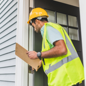 Delivery worker in a yellow safety vest and hard hat checking a clipboard at a front door