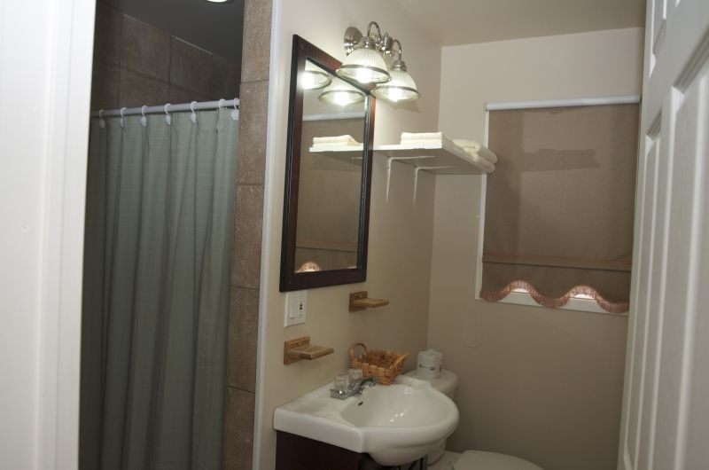A bathroom with a sink a toilet a mirror and a shower curtain