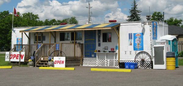 A small building with a sign that says open on it