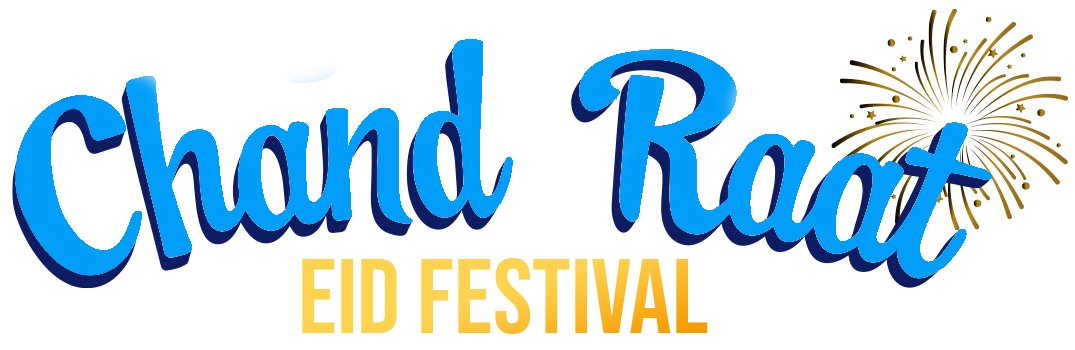 The logo for chand raat eid festival with fireworks in the background.