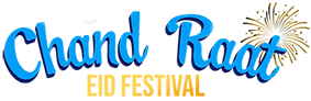 The logo for chand raat eid festival with fireworks in the background.