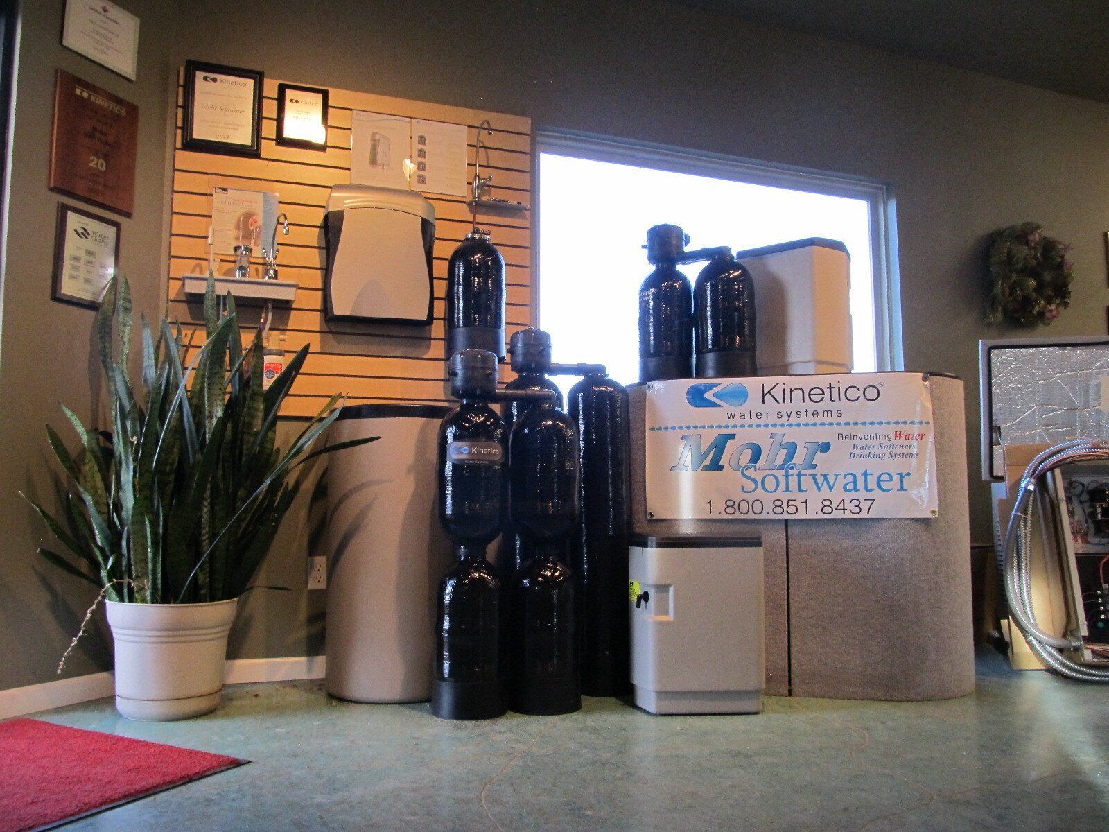 Bottles and a Kinato water cooler on a kitchen counter beside a potted plant and coffee machine.