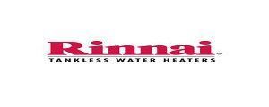 The logo for rinnai tankless water heaters is red and white.