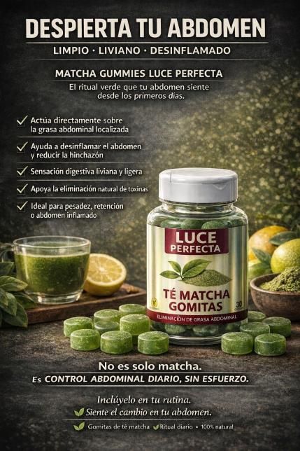 Publicidad de gomitas de Matcha “Luce Perfecta”; gomitas verdes con botella del producto y bebida de matcha.