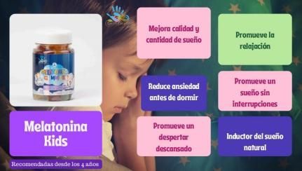 Publicidad del producto: Botella de Melatonina Kids y lista de beneficios junto a un niño