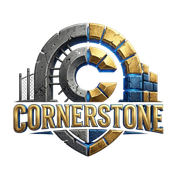 A logo featuring the word CORNERSTONE in gold, beneath a stylized "C" arch made of gray stone, gold blocks, and metal mesh.