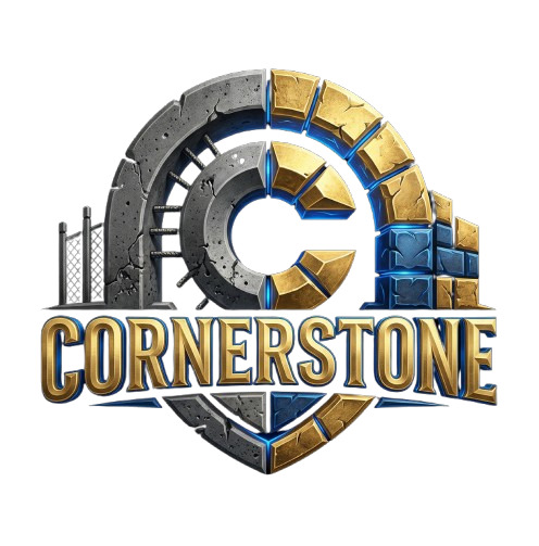 A logo featuring the word CORNERSTONE in gold, beneath a stylized "C" arch made of gray stone, gold blocks, and metal mesh.