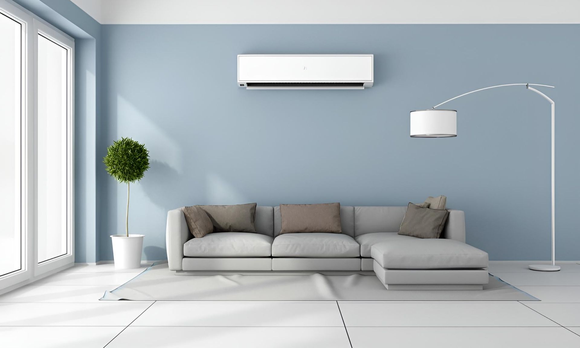 Living Room With a Couch, Air Conditioner, and Lamp — Kiama Air Conditioning in Albion Park Rail, NSW