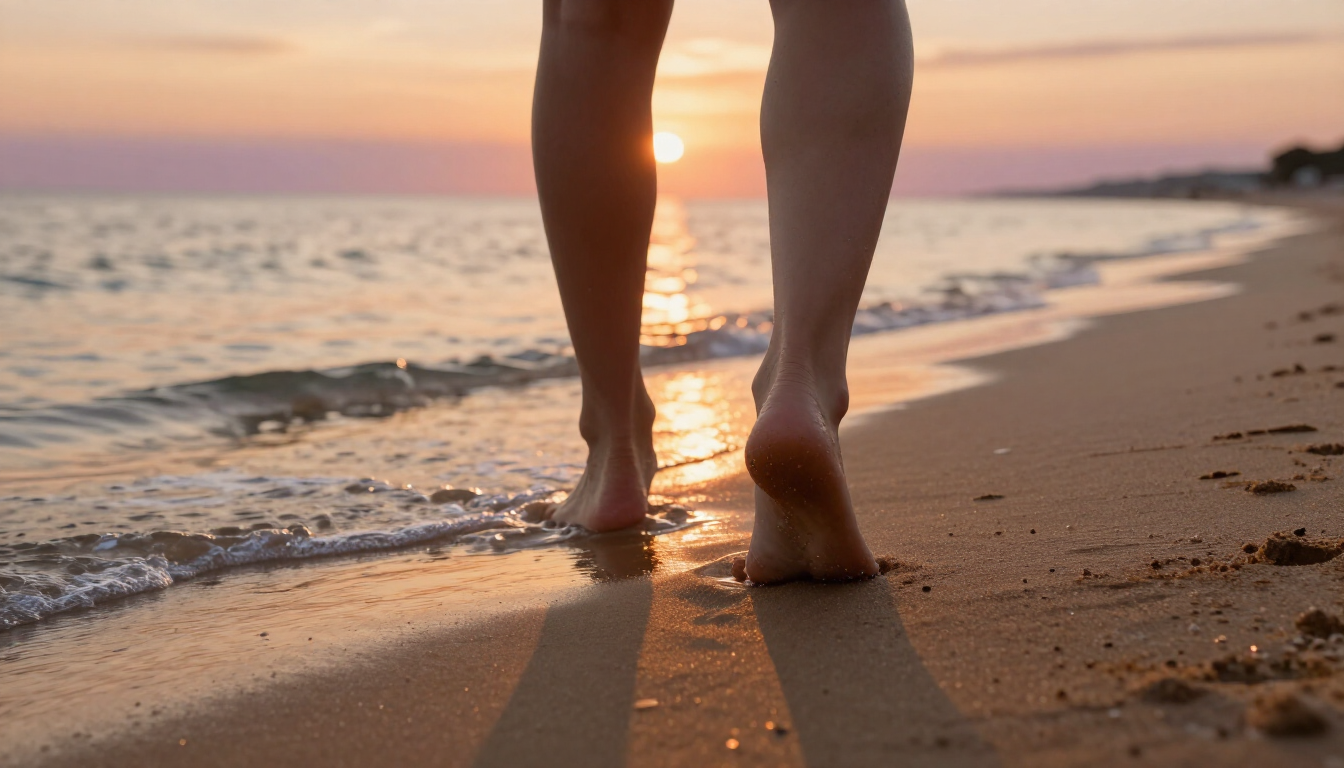 Walking on a sandy beach during sunset, emphasizing summer foot health.