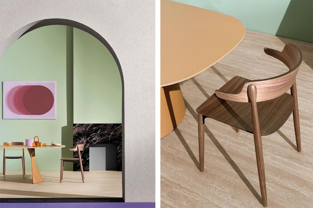 Due vignette di interior design: una attraverso un arco con un tavolo e una sedia, e un'altra con un primo piano di una sedia e un tavolo.