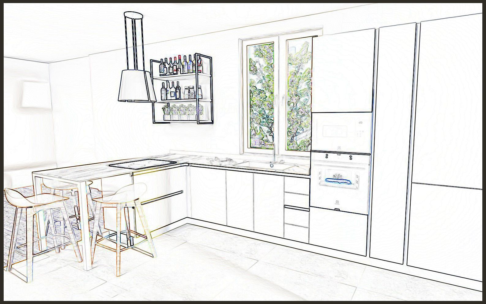 Schizzo luminoso di una cucina moderna con mobili bianchi, isola con posti a sedere, finestra e frigorifero.