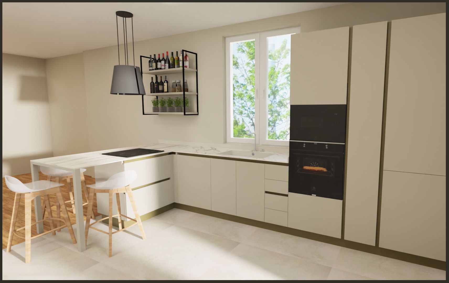 Cucina moderna e luminosa con mobili bianchi, isola con posti a sedere, finestra e forno a incasso.