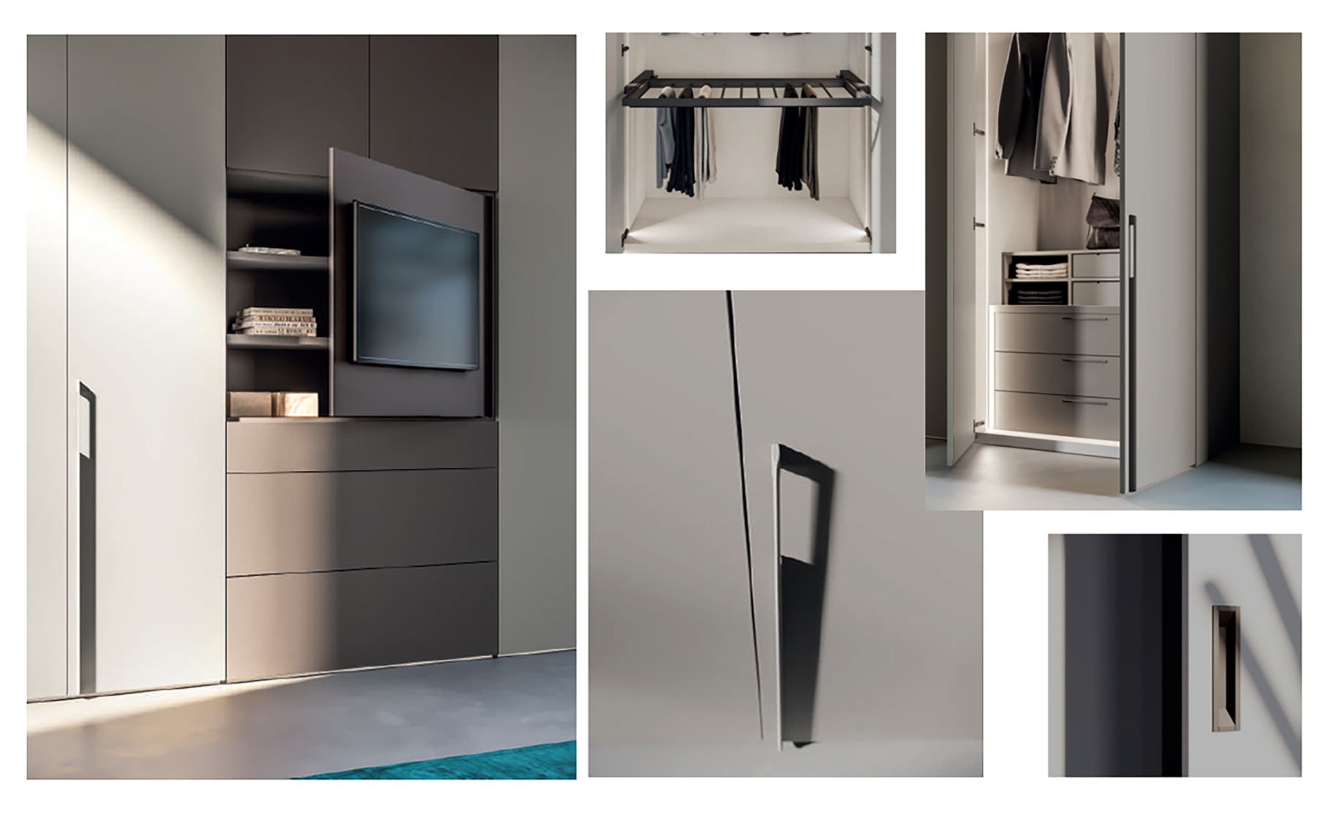 Mobile contenitore moderno grigio a parete con TV, cassetti e spazio per appendere accessori, in una stanza minimalista.