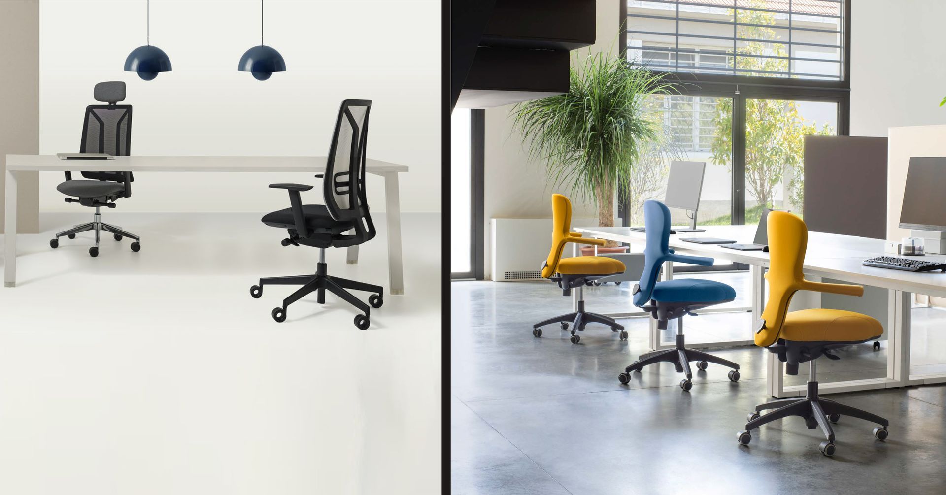 Due spazi ufficio con diverse sedie ergonomiche alle scrivanie.