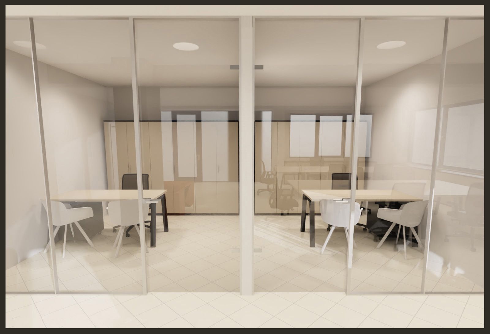 Ufficio moderno con pareti in vetro, scrivanie e sedie bianche e moquette beige, visibile attraverso porte scorrevoli.