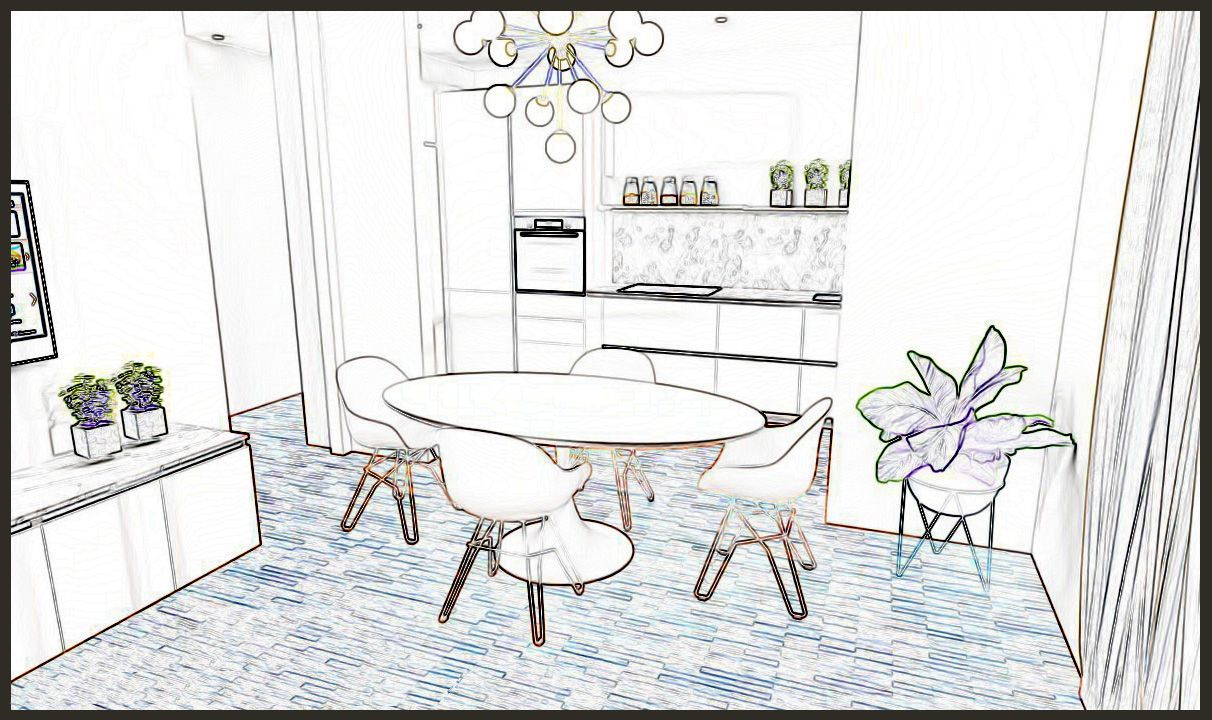 Luminosa sala da pranzo con tavolo ovale bianco, sedie, tappeto blu, piante e lampadario.