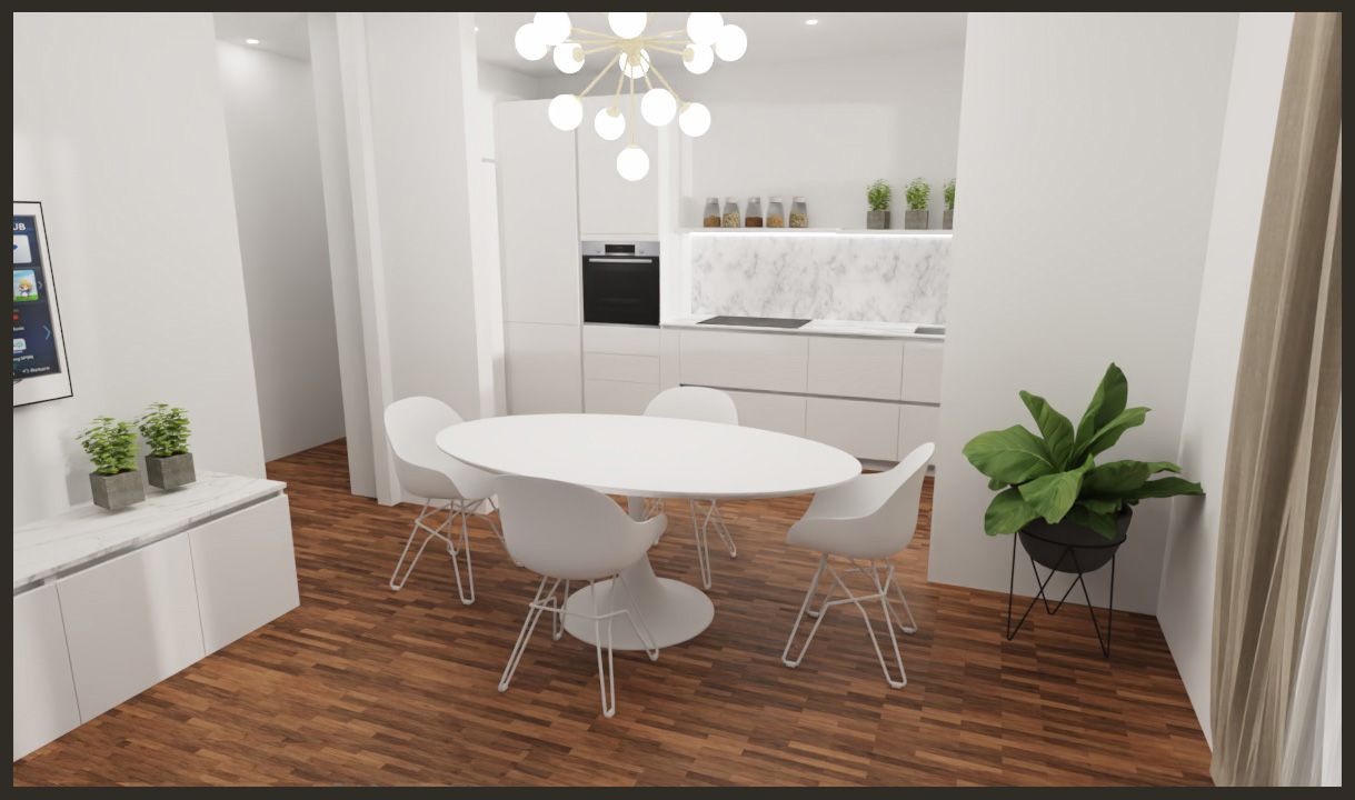 Sala da pranzo moderna con tavolo ovale bianco, sedie grigie, pavimento in legno e piante verdi.