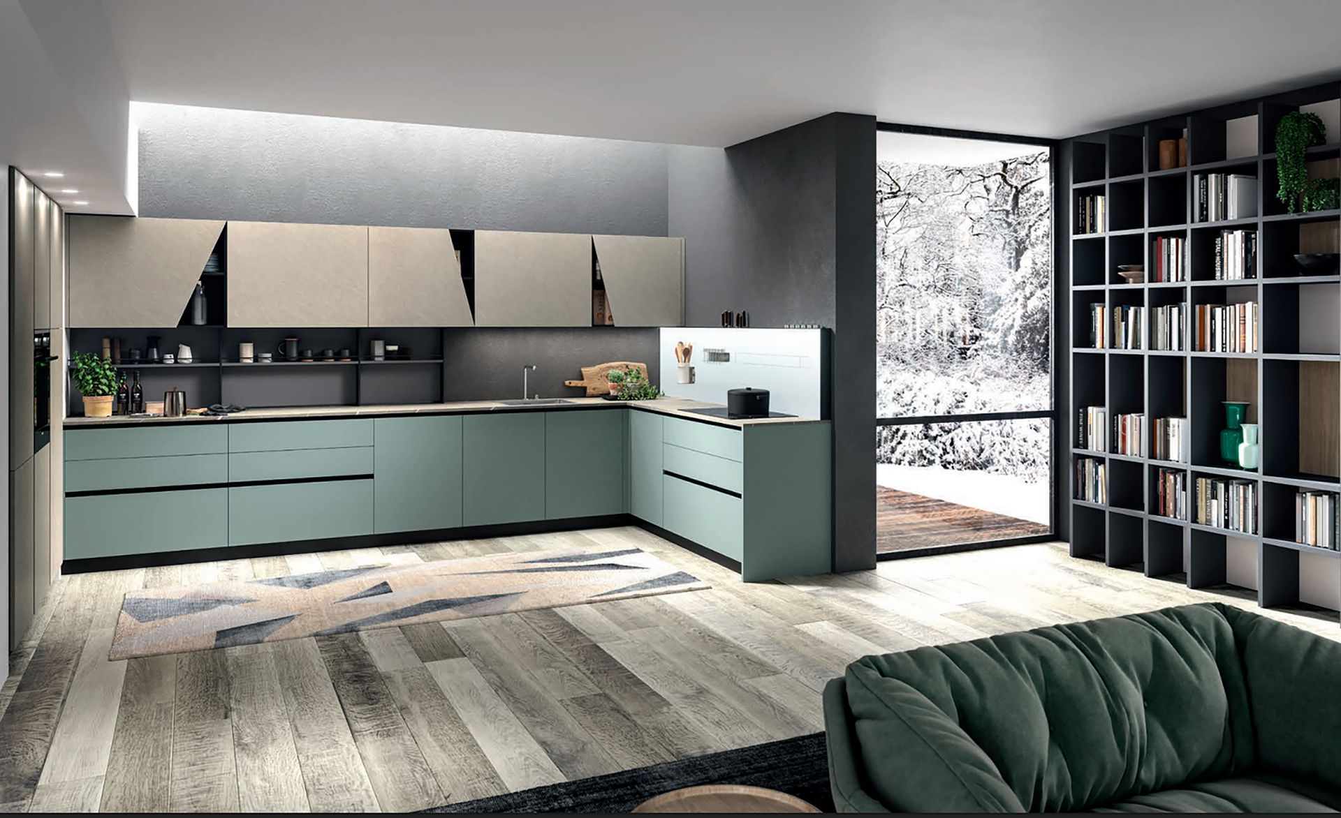 Cucina moderna con mobili verde chiaro, ripiani grigi e tappeto geometrico sul pavimento in legno.