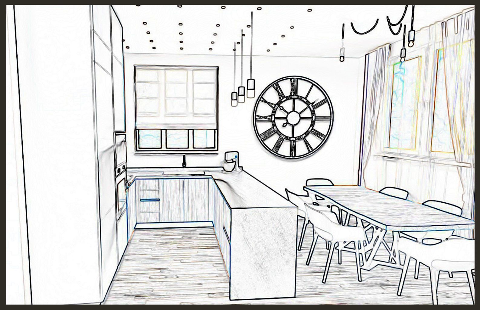 Schizzo luminoso di una moderna cucina-sala da pranzo con isola, grande orologio a parete e panca sotto la finestra.