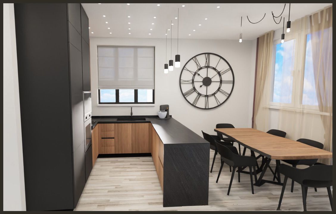 Cucina e zona pranzo moderne con mobili neri, dettagli in legno, grande orologio a parete e lungo tavolo con sedie.