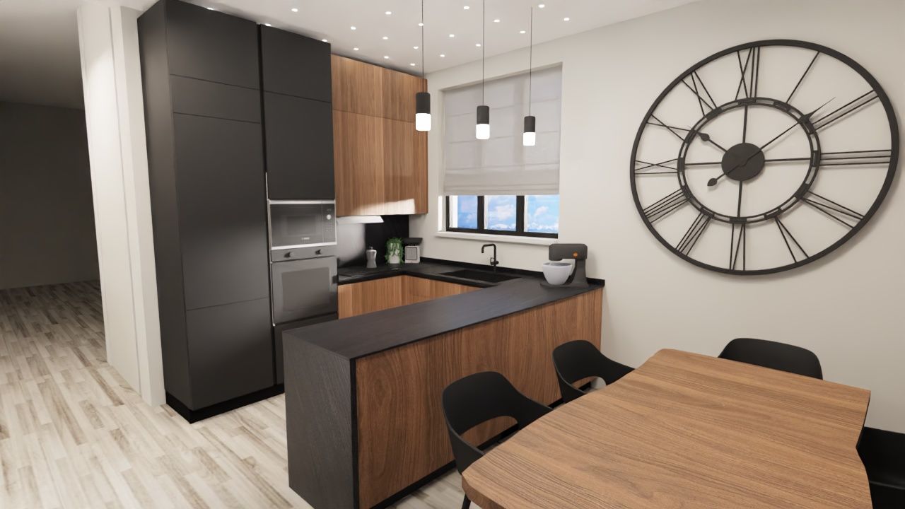 Cucina moderna con mobili scuri, dettagli in legno e un grande orologio a parete. Tavolo da pranzo con sedie nere.