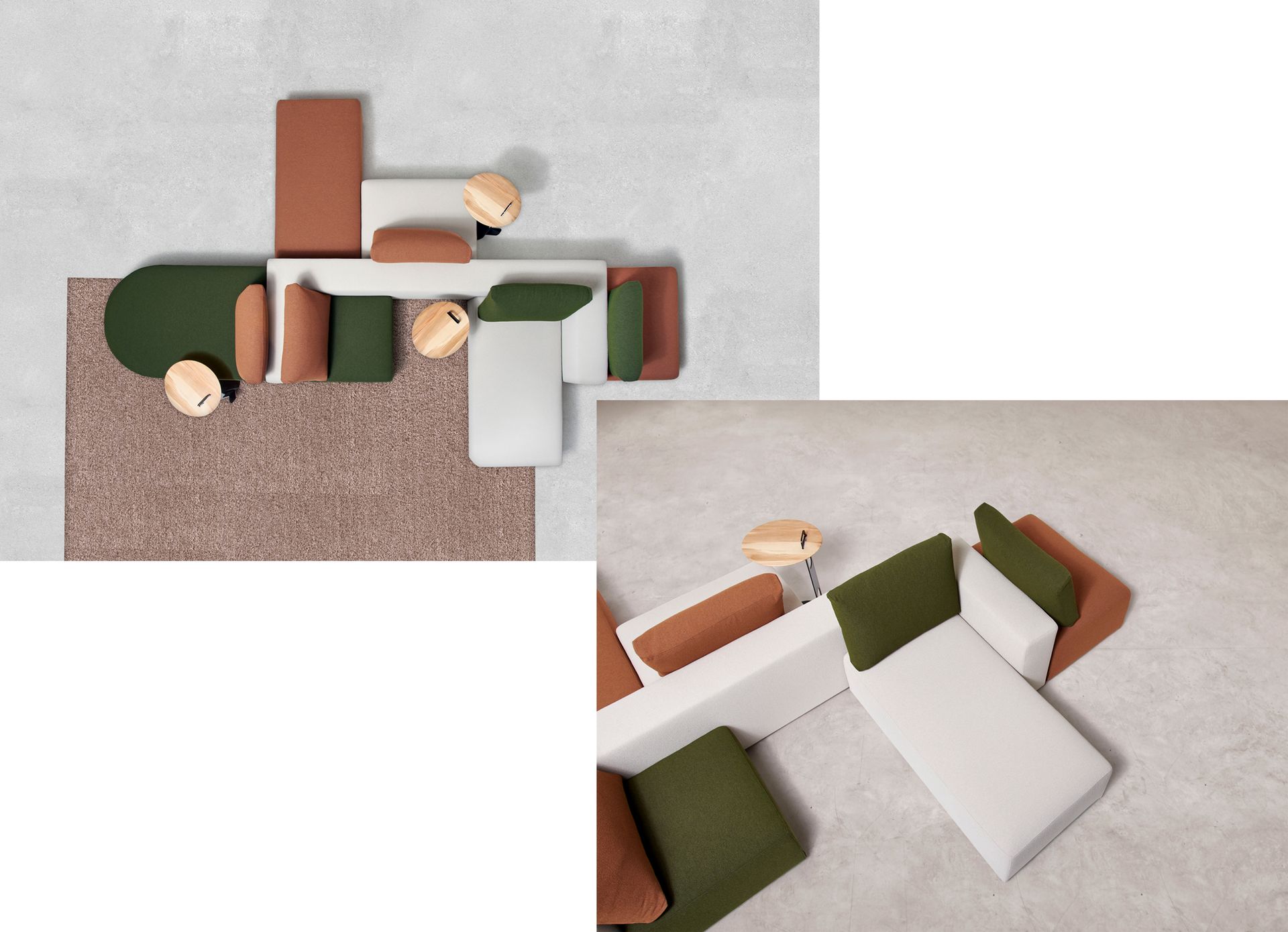 Poltrona imbottita verde e pouf su un tappeto, accanto a un divano componibile bianco e un tavolino da caffè.