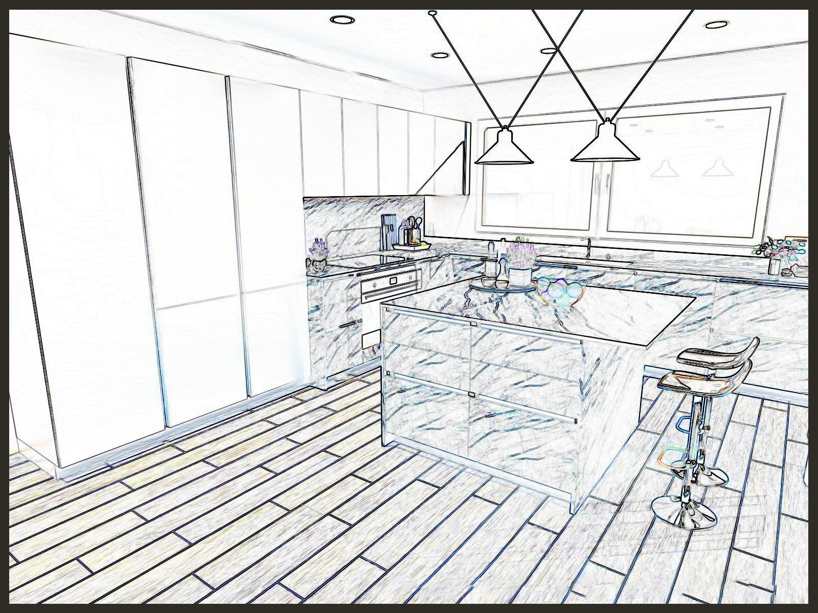 Rappresentazione in stile schizzo di una luminosa cucina moderna con isola, lampade a sospensione e pavimento in legno.