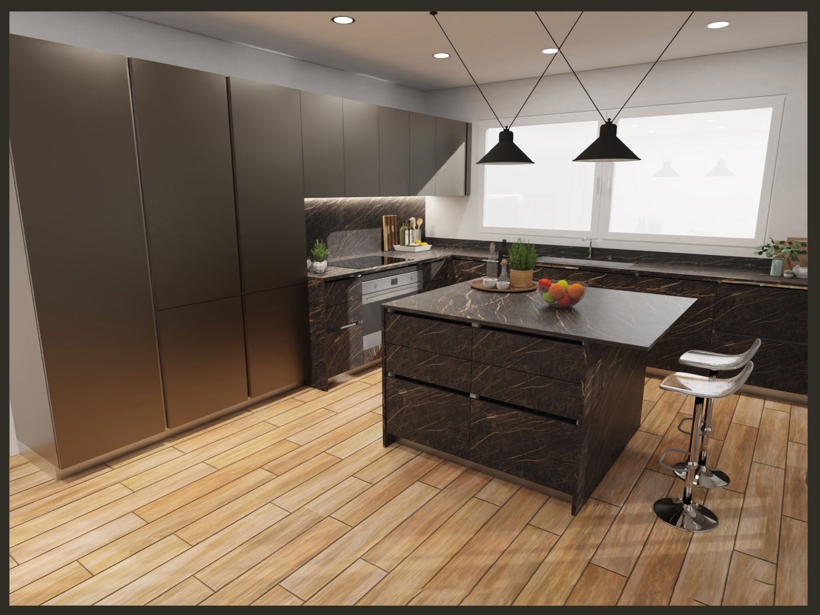 Cucina moderna con mobili scuri, pavimento in legno, isola centrale, lampade a sospensione e una finestra luminosa.