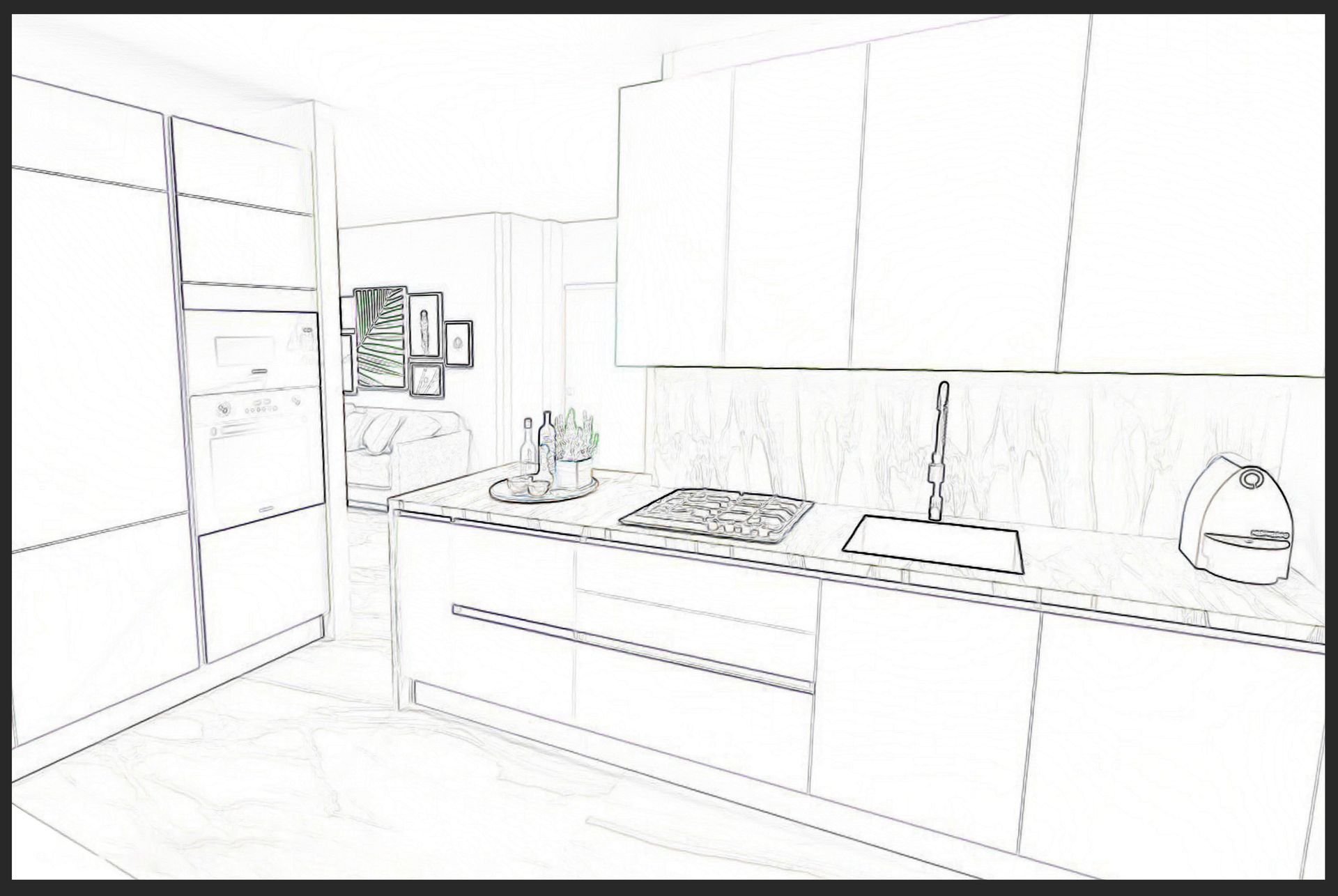 Schizzo minimalista di una cucina moderna con mobili, piano di lavoro, lavello, fornelli e frigorifero.
