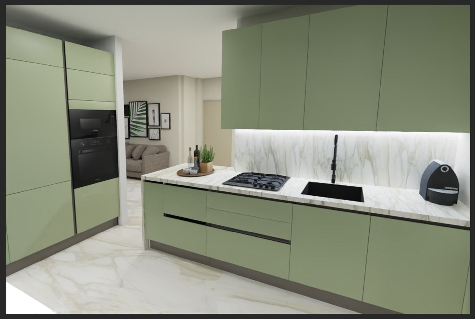 Cucina moderna con mobili verde salvia, ripiani bianchi ed elettrodomestici neri a incasso.