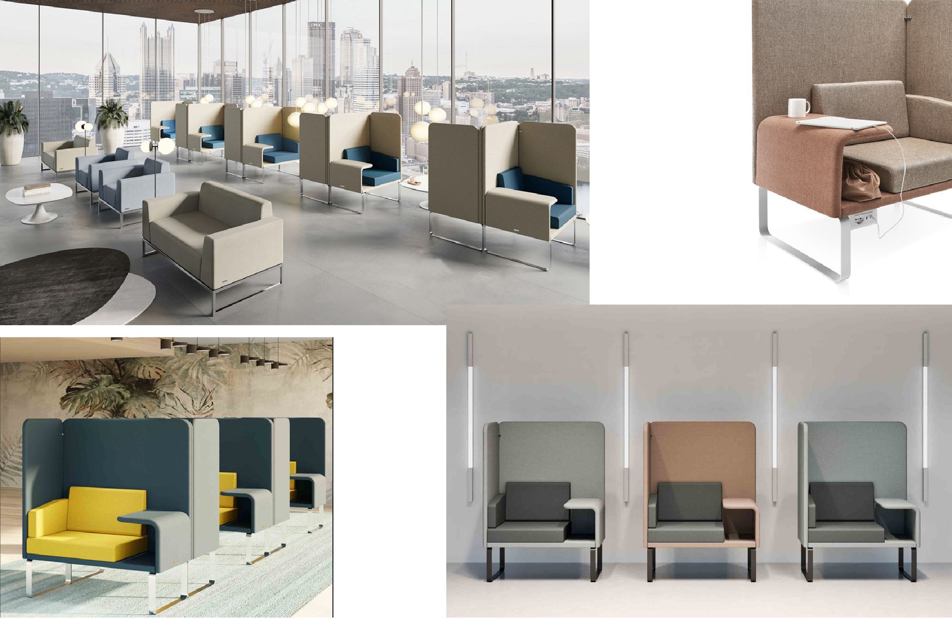 Poltrone lounge modulari moderne in tonalità neutre, mostrate in una disposizione di sedute in stile ufficio e in un collage di prodotti.