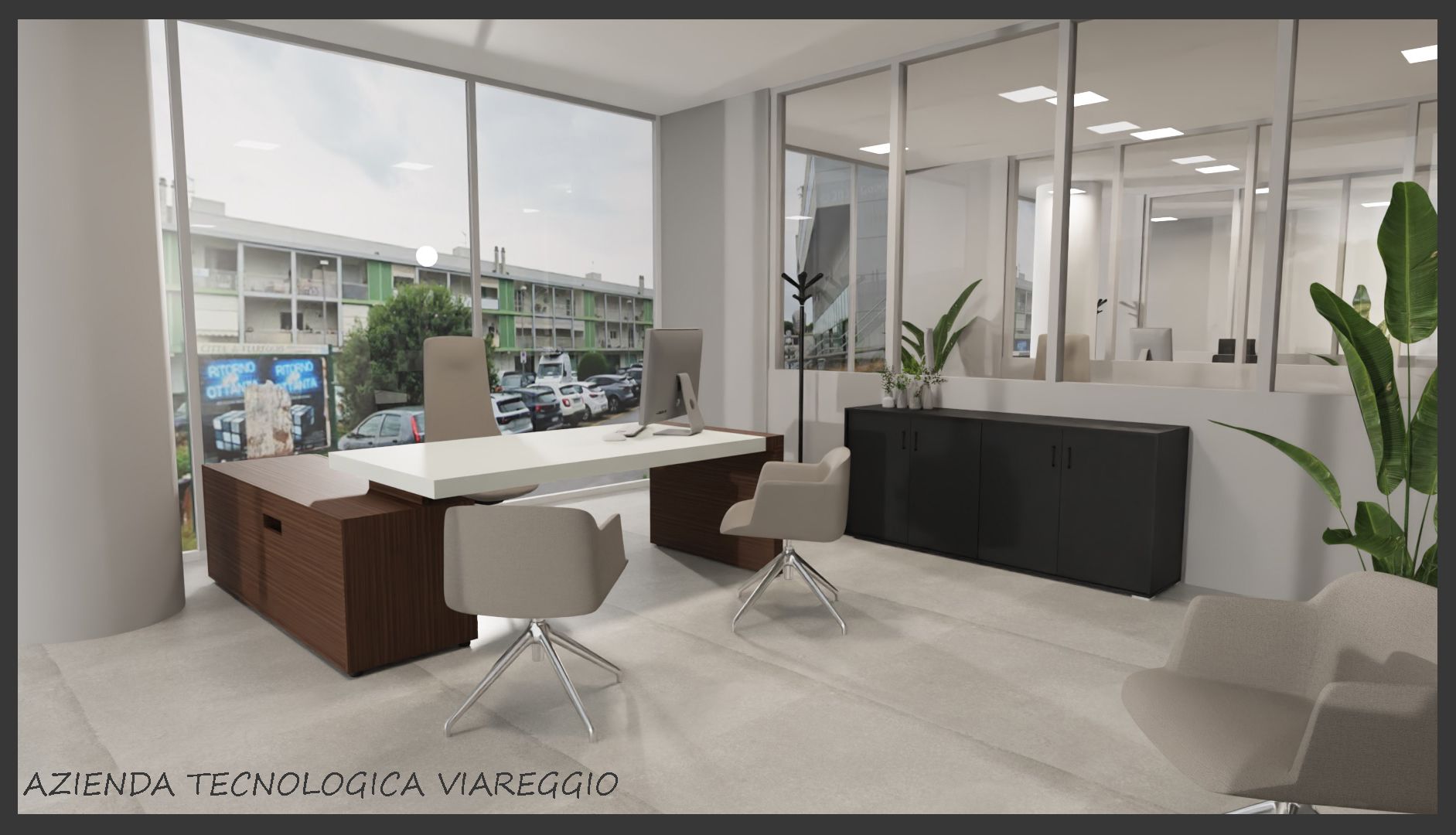 Interno di un ufficio moderno con ampie finestre, pareti bianche e scrivania in legno.