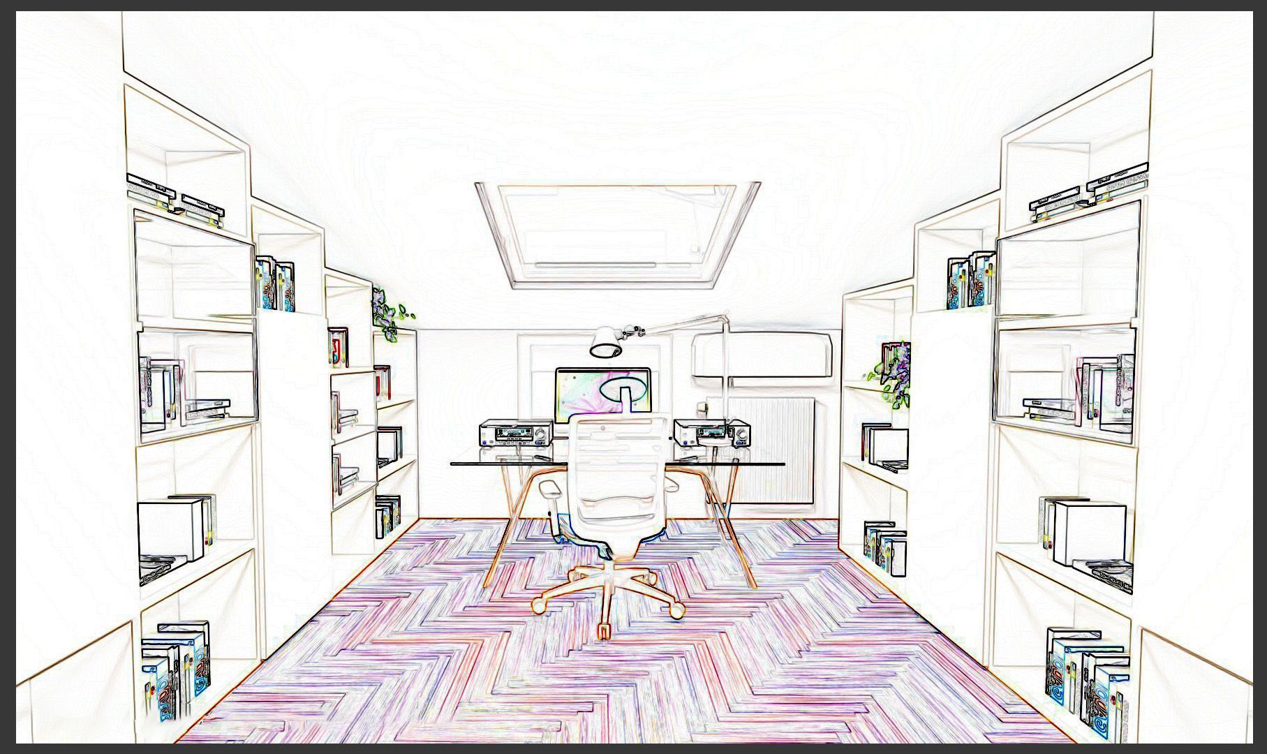 Interno di un ufficio con librerie, scrivania e sedia; schizzo prospettico con pavimento geometrico.