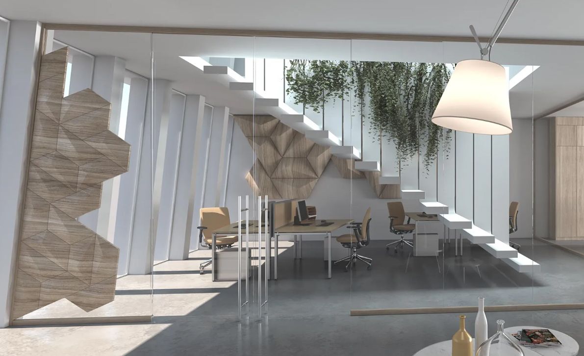 Interno di un ufficio moderno con pareti in vetro, scala aperta e piante sospese.