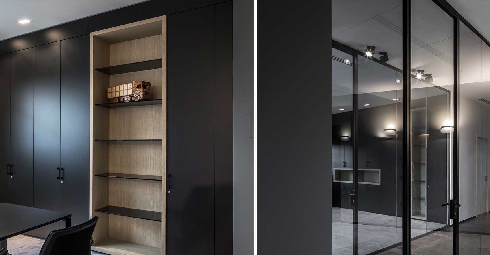 Due immagini di un interno moderno. Una mostra un mobile nero con un ripiano in legno. L'altra mostra una stanza dietro una parete di vetro.